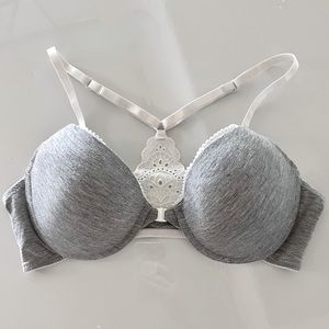 Laura Ashley 36C Racer Back Gray Bra with White Eyelet Trim